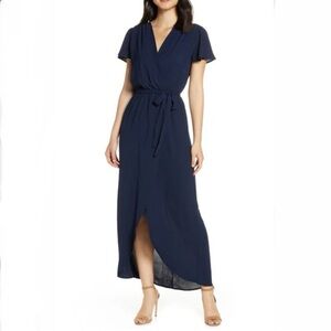 Fraiche By J Flutter Sleeve Faux Wrap Maxi Dress (Navy) (Large)